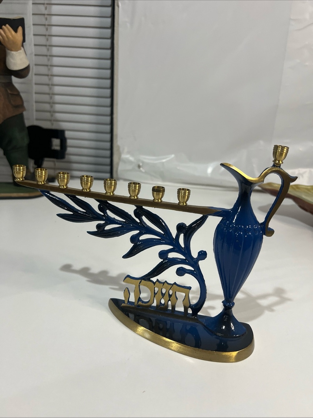 Vintage Blue Metal Menorah Made in Israel Judaica Collectible Gold Accents